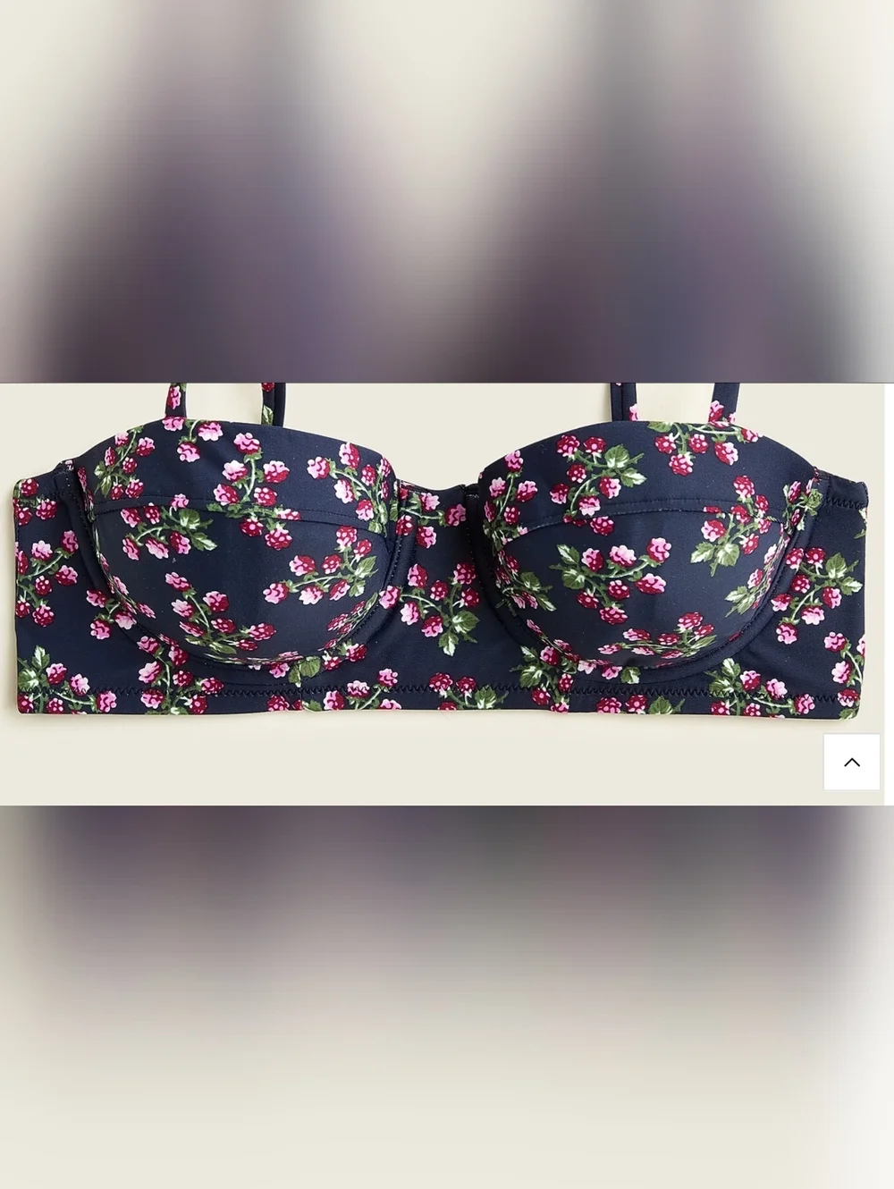 NWT J Crew Raspberry Fruit Print Navy Bikini Top Swimwear Size 34A